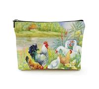 Elegante borsa per il trucco da donna in lino da viaggio per cosmetici, durevole borsa per organizer per trucco, gallina e pulcini nel cortile, per donne/uomini