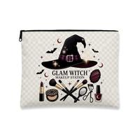 Elegante borsa per il trucco di Halloween con cappello a tema streg, Viola | Tema gotico di bellezza, sacchetto della chiusura lampo del trucco, illustrazione mistica, dettagli scintillanti della stella