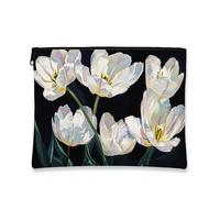 Elegante borsa per il trucco floreale, astuccio artistico con tulipani bianchi da donna, organizer da viaggio portatile in tela con cerniera, borsa da toilette primaverile per la cura della pelle