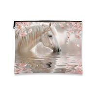 Elegante borsa per il trucco floreale, borsa da viaggio per cosmetici da donna, organizer portatile con cerniera in tela, borsa da toeletta regalo per festival di primavera, Pesca, 7x9 Inch, Cavallo