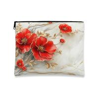 Elegante borsa per il trucco floreale, borsa da viaggio per cosmetici vintage con fiore rosso per donne, piccola borsa portatile in tela con cerniera, borsa da toilette primaverile per la cura della