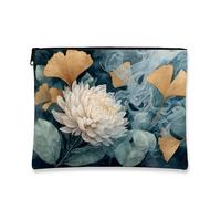 Elegante borsa per il trucco floreale, con crisantemo bianco e foglie di ginkgo, borsa da viaggio per donne, piccola borsa portatile in tela con cerniera, regalo ideale per festival di primavera