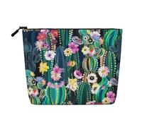 Elegante borsa per il trucco in canapa finta con stampa di pipistrelli vampiri, organizer da viaggio, astuccio cosmetico riutilizzabile con grande capacità, Cactus fiorito., Taglia unica