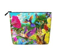 Elegante borsa per il trucco in canapa finta con stampa di pipistrelli vampiri, organizer da viaggio, astuccio cosmetico riutilizzabile con grande capacità, Uccelli Fiori Farfalla, Taglia unica