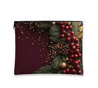 Elegante borsa per il trucco, in pino bordeaux e oro, borsa da viaggio per cosmetici da donna, piccola borsa portatile in tela con cerniera, borsa da toilette natalizia per la cura della pelle