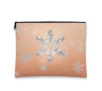 Elegante borsa per il trucco luccicante, con fiocchi di neve argentati su sfondo pesca, astuccio da viaggio per donne, organizer portatile in tela con cerniera per la cura della pelle invernale, Pesca