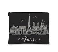 Elegante borsa per il trucco minimalista di Parigi, borsa da viaggio per cosmetici con paesaggio urbano nero per donne, organizer portatile con cerniera in tela, nero, 7x9 Inch, Paris