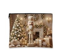 Elegante borsa per il trucco natalizia a tema natalizio con schiaccianoci | Ornamenti d'oro, sacchetto della chiusura lampo del trucco, sfondo del camino innevato, decorazione stagionale