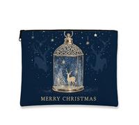 Elegante borsa per il trucco natalizia, borsa da viaggio per cosmetici, lanterna di cervo, blu navy, piccola borsa portatile in tela con cerniera, borsa da toilette per la cura della pelle delle