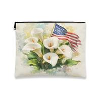 Elegante borsa per il trucco patriottico, giglio calla bianco con cerniera per il trucco artistico da donna, organizer da viaggio portatile in tela per il giorno commemorativo, bianco, 7x9 Inch