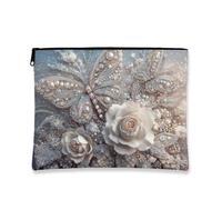 Elegante borsa per il trucco vintage, pochette da viaggio per cosmetici con motivo floreale a farfalla in argento per donna, piccola custodia portatile in tela con cerniera, regalo per festival e occ