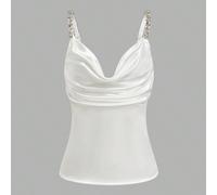 Elegante camicetta da donna con scollo a V, decorata con strass, in raso bianco, per feste, primavera/estate 2026, Holidaya Fashion Store L,M,S,XLColore unicoTessuto intrecciato