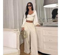 Elegante camicia avvolgente con maniche a lanterna e lacci, di colore unito, adatta per primavera/estate, per signore L,M,S,XSColore unicoTessuto intrecciato