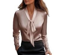 Elegante camicia da donna con papillon e collo in raso, a maniche lunghe, scollo a V, elegante, per uscire, lavoro, casual, ufficio, camicetta top, 1A-rosa, L