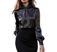 Elegante camicia da donna con papillon e collo in raso, a maniche lunghe, scollo a V, elegante, per uscire, lavoro, casual, ufficio, camicetta top, 1b-nero, S