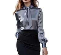 Elegante camicia da donna con papillon e collo in raso, a maniche lunghe, scollo a V, elegante, per uscire, lavoro, casual, ufficio, camicetta top, 1b-grigio, XXL
