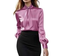 Elegante camicia da donna con papillon e collo in raso, a maniche lunghe, scollo a V, elegante, per uscire, lavoro, casual, ufficio, camicetta top, 1b-rosa acceso, S