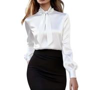 Elegante camicia da donna con papillon e collo in raso, a maniche lunghe, scollo a V, elegante, per uscire, lavoro, casual, ufficio, camicetta top, 1b-bianco, XXL