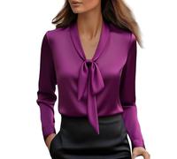 Elegante camicia da donna con papillon e collo in raso, a maniche lunghe, scollo a V, elegante, per uscire, lavoro, casual, ufficio, camicetta top, 1a-viola, M