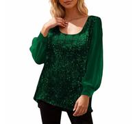 Elegante camicia dal taglio ampio con scollo quadrato, maniche lunghe e paillettes glitter: una maglietta casual per il tempo libero da indossare tutti i giorni., verde, XXL