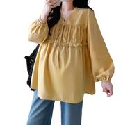 Elegante camicia per gravidanza floreale con dettagli in pizzo con scollo a V design in tessuto traspirante camicia a maniche lunghe per la madre in attesa abbigliamento comodo gravidanza, Giallo, L