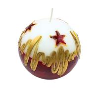 Elegante candela a sfera, candela da tavolo, candela decorativa, candela di cera con motivo natalizio, 10 cm, stella di Natale, colore bianco, rosso e oro.