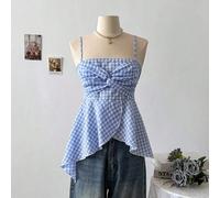 Elegante canotta estiva da donna con spalline sottili, in stile a quadri blu e bianco, con incrocio frontale e arricciatura L,M,S,XLGeometrico,quadriTessuto intrecciato