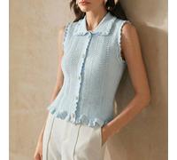 Elegante canotta estiva in maglia azzurra stile palazzo, versatile con texture, senza maniche, colletto arricciato, bottoni delicati in perla, top da tea festa adatto per il lavoro L,M,S,XLColore unic