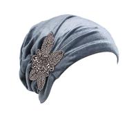 Elegante cappello turbante morbido velluto da donna con cappello a fiore di perla, per perdita di capelli, abbigliamento da ciclismo da donna, grigio., Taglia unica