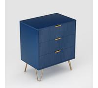 Elegante cassettiera moderna blu scuro - Credenza a 3 cassetti con eleganti gambe e maniglie dorate perfetto piccolo comodino per soggiorno e camera da letto soluzioni di archiviazione.