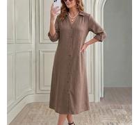 Elegante Casual Chic, Abito Camicia con Bottoni, Abito Lungo, Marrone Grigio Naturale, Vestibilità Ampia e Fluida, Ufficio Lavoro Business, Autunno L,M,S,XL,XS,XXSColore unicoTessuto intrecciato