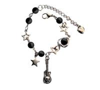 Elegante catena da polso con perline a forma di cuore, stella, teschio e chitarra, gioiello per amanti della musica e trendsetter, elegante chitarra a forma di cuore, stella, teschio, 12 1/8, come
