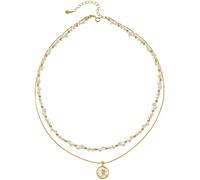Elegante collana a strati con rosa da donna, doppio filo dorato con perline di perle, rivestimento smaltato, regolabile 40,5 + 5 cm, regalo pronto