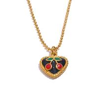 Elegante collana con ciondolo a forma di cuore con ciliegie, in robusto acciaio inossidabile, per un uso prolungato e comodo da indossare, gioiello romantico per le donne, Misura unica, come descritto
