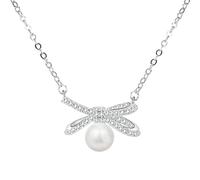 Elegante collana con fiocco in argento con dettagli in perle finte, catena in lega placcata, design degno di nota per matrimoni e celebrazioni, taglia unica, lega+perle d'imitazione, senza pietre
