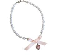 Elegante collana di perle con ciondolo a forma di cuore rosa, catena con perline bianche, fiocco di raso rosa, gioielli alla moda stile Y2K per donne