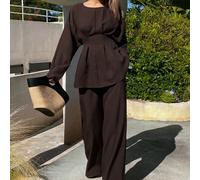 Elegante completo da donna in 2 pezzi, stile casual business, moda da strada, top con arricciature in vita e pantaloni a gamba dritta, adatto per l'autunno e la primavera L,M,SColore unicoTessuto,Poli