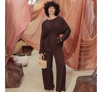 Elegante completo da donna in 2 pezzi, stile casual business, moda da strada, top con arricciature in vita e pantaloni a gamba dritta, adatto per l'autunno e la primavera L,M,SColore unicoTessuto,Poli
