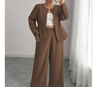 Elegante completo formale da donna autunnale marrone a 2 pezzi, blazer con collo rotondo e bottoni davanti e pantaloni a gamba dritta con vita elastica e vestibilità ampia per l'ufficio 0XL,1XL,2XL,3X