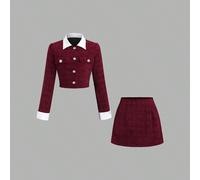 Elegante completo vintage rosso da ereditiera americana: giacca monopetto a maniche lunghe aderente e gonna midi a-line. Alla moda e snellente, adatto per l'autunno/inverno. L,M,S,XSNataleTessuto intr