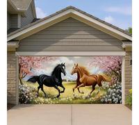 Elegante copertura per porta del garage con cavalli che corrono neri e marroni, 2,1 x 4,9 m, decorazioni per esterni, vivaci decorazioni artistiche per la casa, stile fattoria, perfetta per l'uso