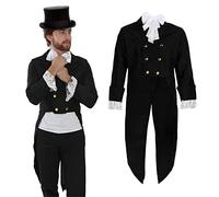 Elegante costume da uomo vittoriano, taglia XL, giacca nera, polsini con volant bianchi e papillon - costume storico per la Giornata mondiale del libro