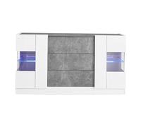 Elegante credenza con 2 ante e 3 cassetti - Frontali bianchi lucidi e effetto marmo grigio, illuminazione a LED a 16 colori, 140 x 35 x 75 cm