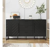 Elegante credenza nera con motivo a spina di pesce, con 2 ante e 3 cassetti per sala da pranzo, cucina e soggiorno, 145 x 75 x 40 cm