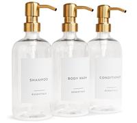 Elegante dispenser per shampoo e balsamo, set da 3 - Moderne bottiglie di sapone da doccia con pompa ed etichette, dispenser per bagnoschiuma facile da riempire per un aggiornamento istantaneo della