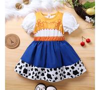 Elegante Dolce Abito Da Principessa A Stampa A Blocchi Di Colore Con Maniche A Puffo Con Applicazione A Stelle E Mucca Per Bambine, Perfetto Per Feste Estive, Vacanze E Abbigliamento Casual 6-9M,9-12M