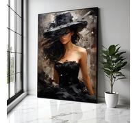 Elegante donna con cappello nero, dipinto su tela, arte murale, ritratto artistico, decorazione da parete con figura femminile, poster, arredamento per la casa, stampa (80x120 cm/senza cornice)