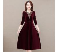 Elegante Donna Velluto Midi Abito Pizzo Bordo Manica Lunga da Sera Taglie Forti