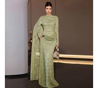 Elegante e affascinante abito lungo formale da donna in pizzo verde, design con busto arricciato, maniche lunghe e collo rotondo, tessuto intrecciato per matrimonio, festa e autunno L,M,S,XLColore uni