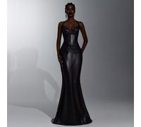 Elegante e alla moda, abito da sera in finta pelle color marrone caffè, con scollo halter, corpetto, silhouette a sirena, schiena scoperta, aderente, scollo a cuore, lunghezza fino a terra, per ballo,